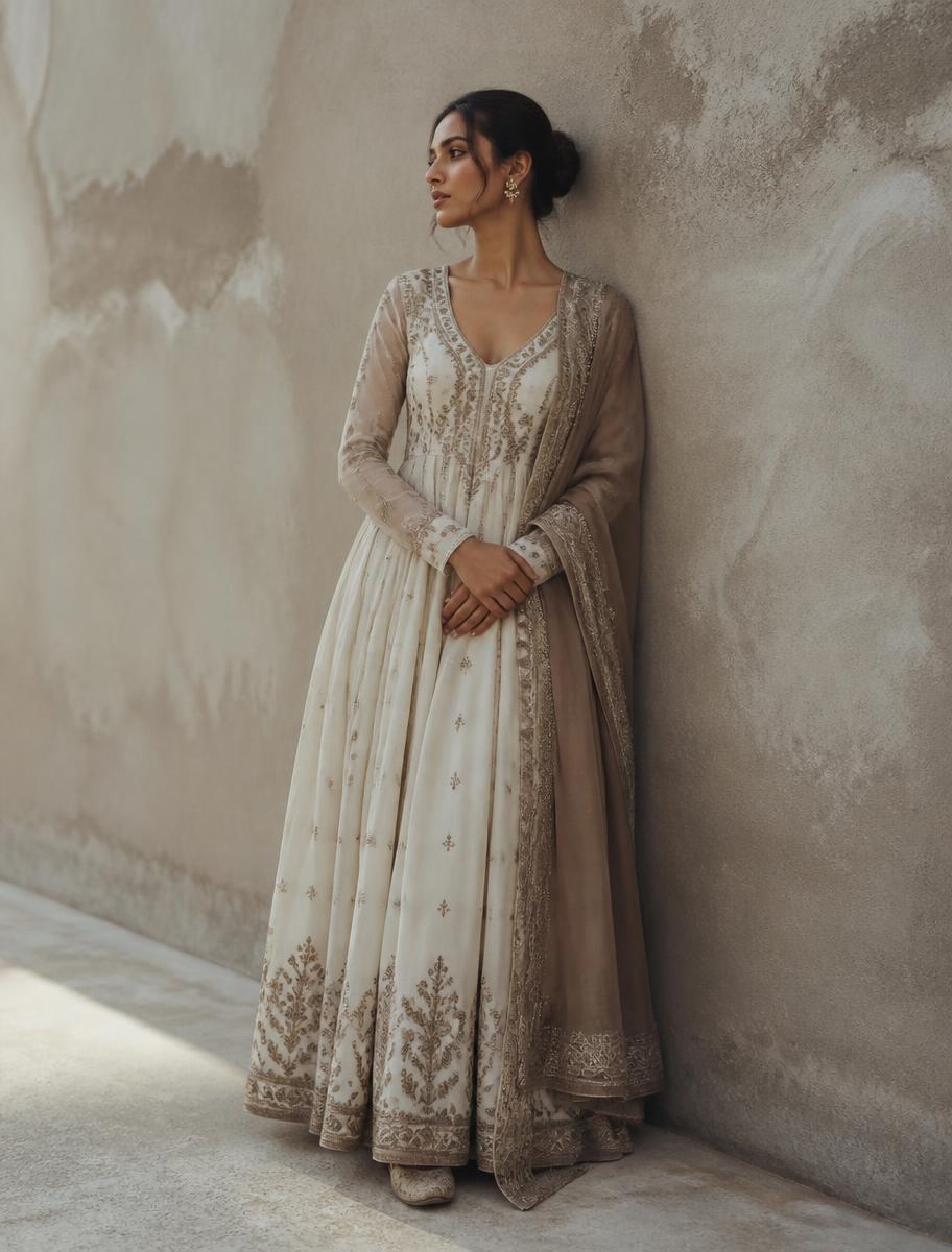 Ivory hand-embroidered anarkali